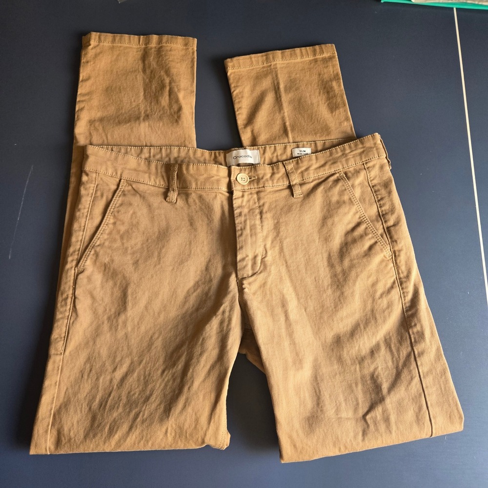 Crocodile Mens Slim Fit Chino Pants Tan Khaki W32 L33 Textured Trousers